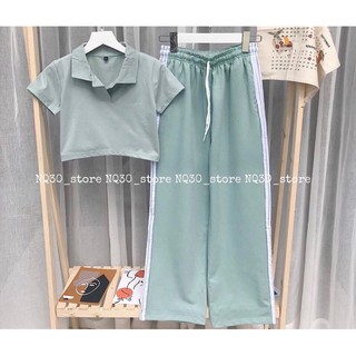 ��set quần suông xanh 3 sọc + crop petter xanh