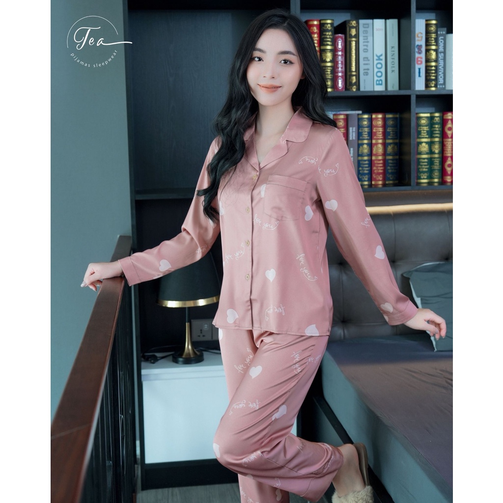 Bộ mặc nhà pyjama lụa cao cấp Tea Store tay dài quần dài họa tim For U