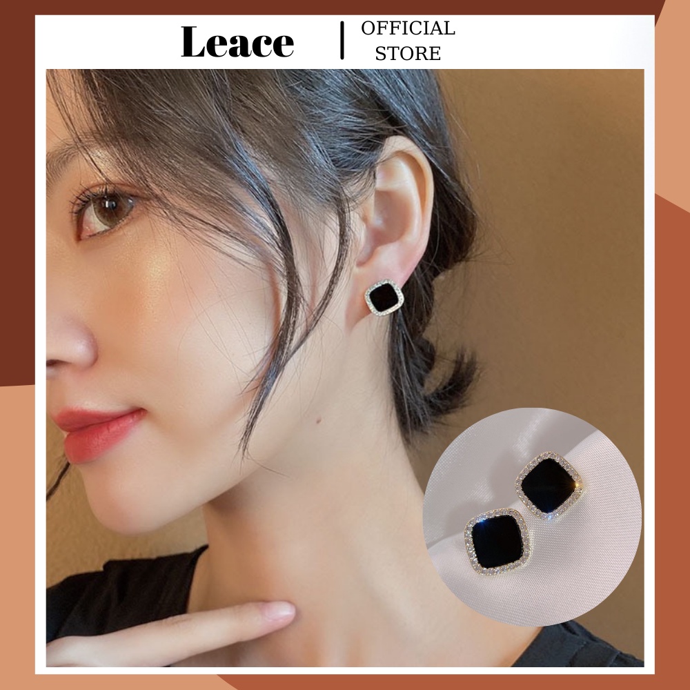 Bông tai khuyên tai vuông nhỏ màu đen viền đá ER039 Leace.accessories