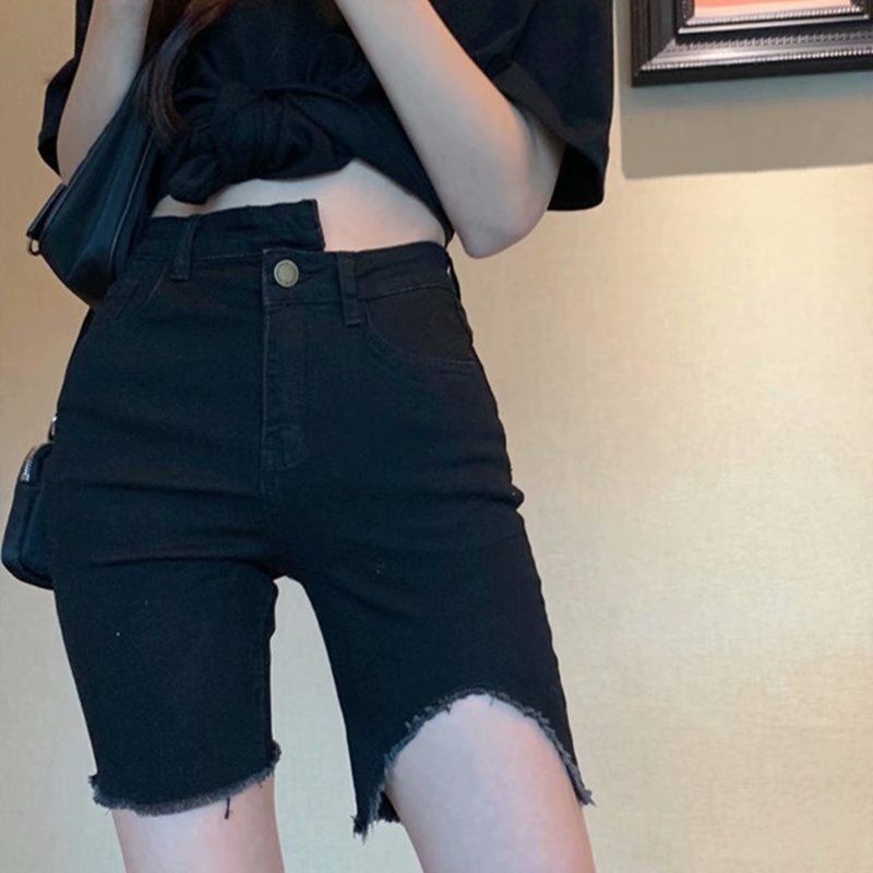 Quần short denim lưng cao ống suông phối rách thời trang mùa hè dành cho nữ