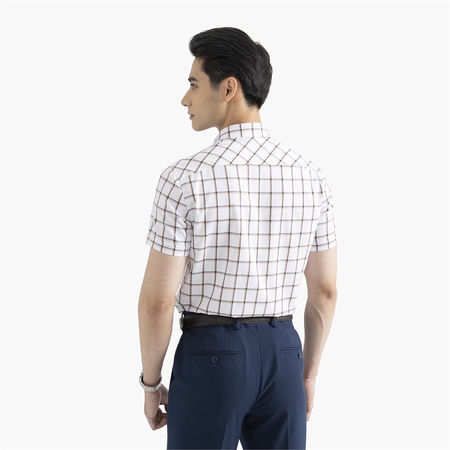 [MẪU MỚI] Áo sơ mi nam ngắn tay ARISTINO phom Slim fit, màu trắng kẻ caro nâu trẻ trung, nổi bật - ASS388S2