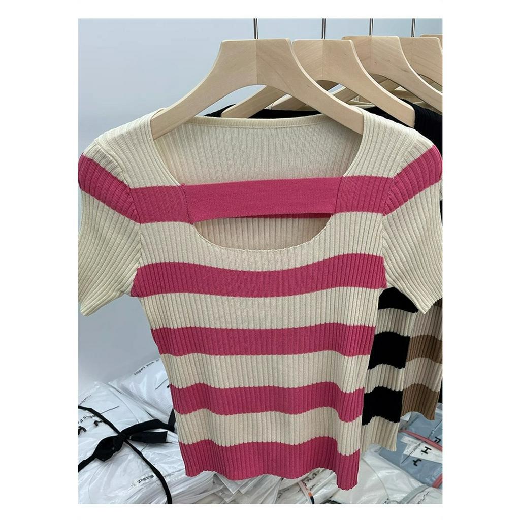Áo Dệt Kim Cổ Vuông Họa Tiết Kẻ Sọc Thời Trang Mùa Hè Quyến Rũ Cho Nữ