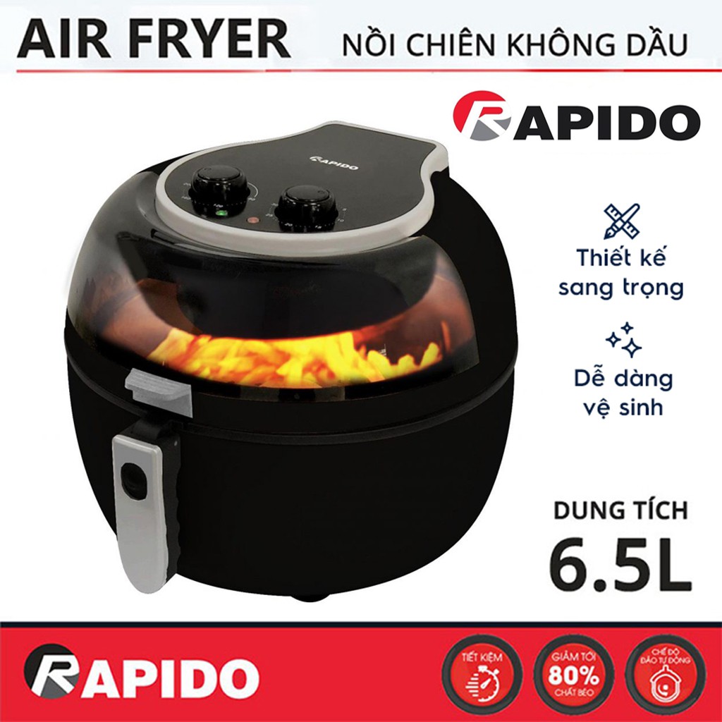 Nồi chiên không dầu Rapido RAF6.5D LUX Inverter - Dung tích 6.5L - Điều khiển cơ – Điều khiển điện tử 1800W Chính hãng