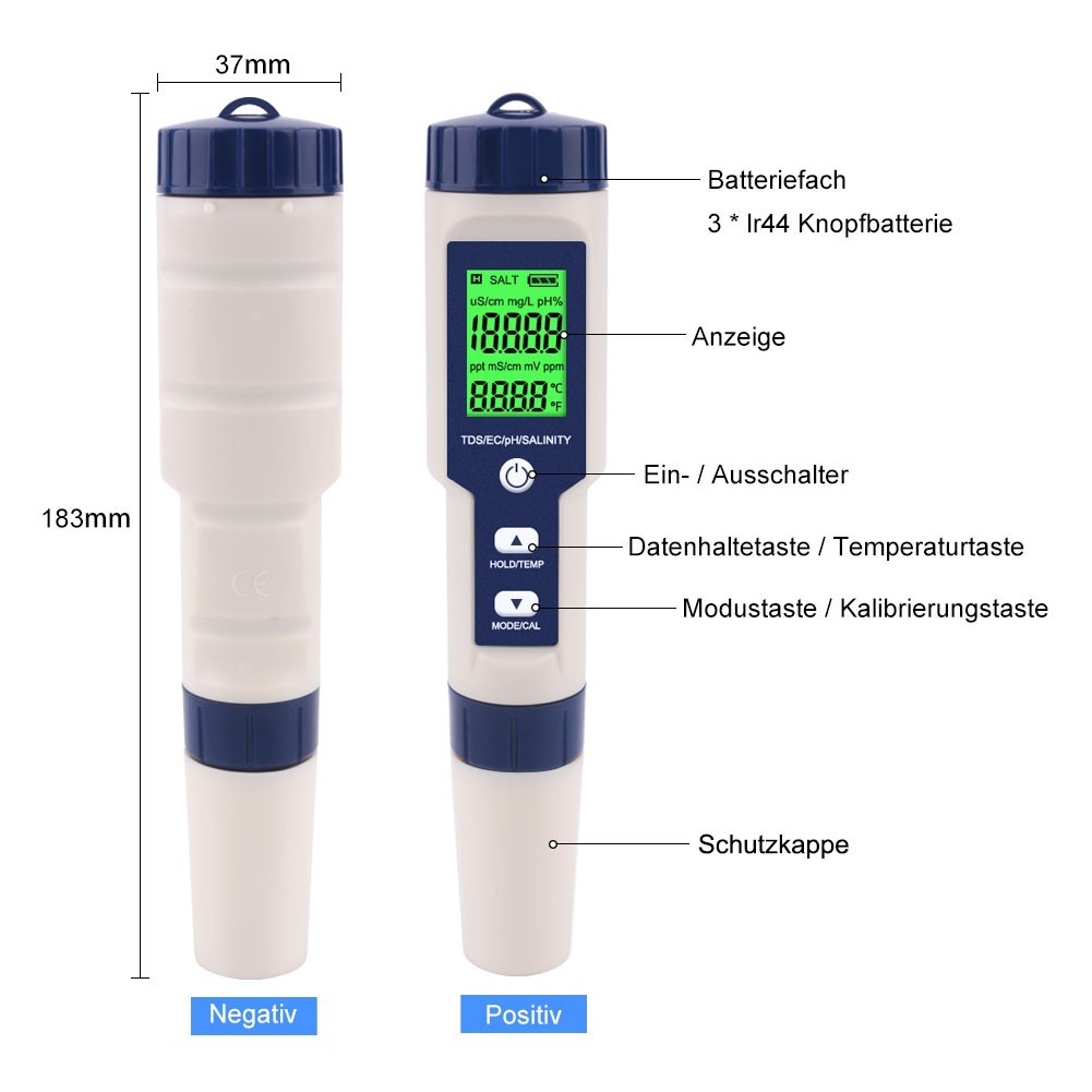 Bút đo độ Mặn Của Nước 5 Trong 1 PH/TDS/EC/độ Mặn/nhiệt độ Kèm 3 Gói PH Chuẩn- Thủy Tộc Chất Lượng Nước