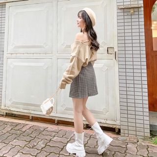Áo len cổ tim đan dây lưng