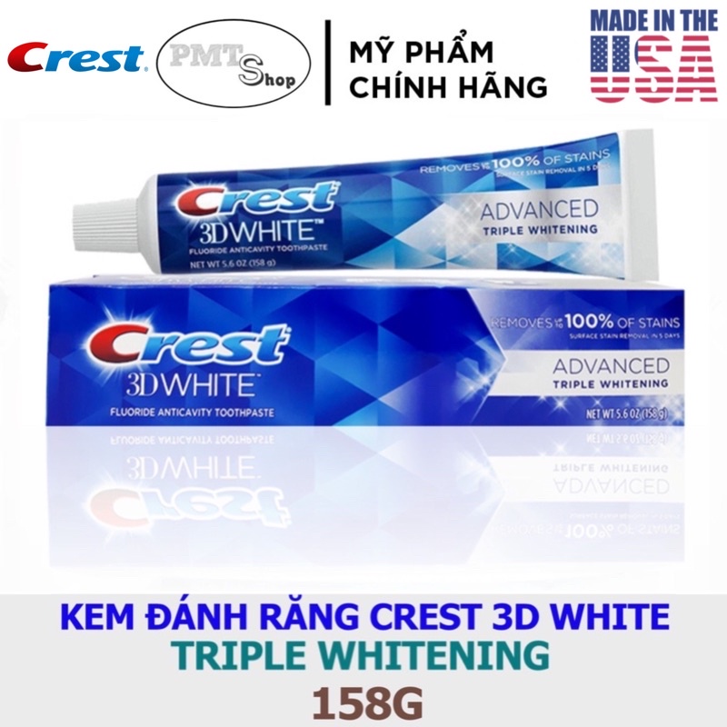 Kem đánh răng Crest 3D White Advanced Triple Whitening 158g trắng sáng, ngừa sâu răng
