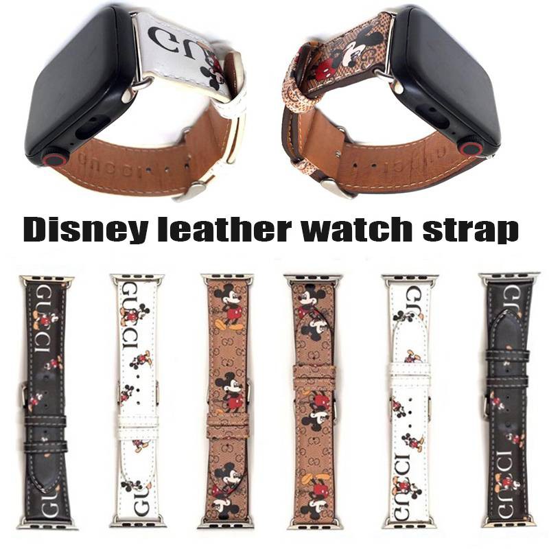 Dây da họa tiết chuột mickey thích hợp cho đồng hồ apple 44mm 42mm 38mm 40mm t500 iwatch series 6 se 2 3 4 5
