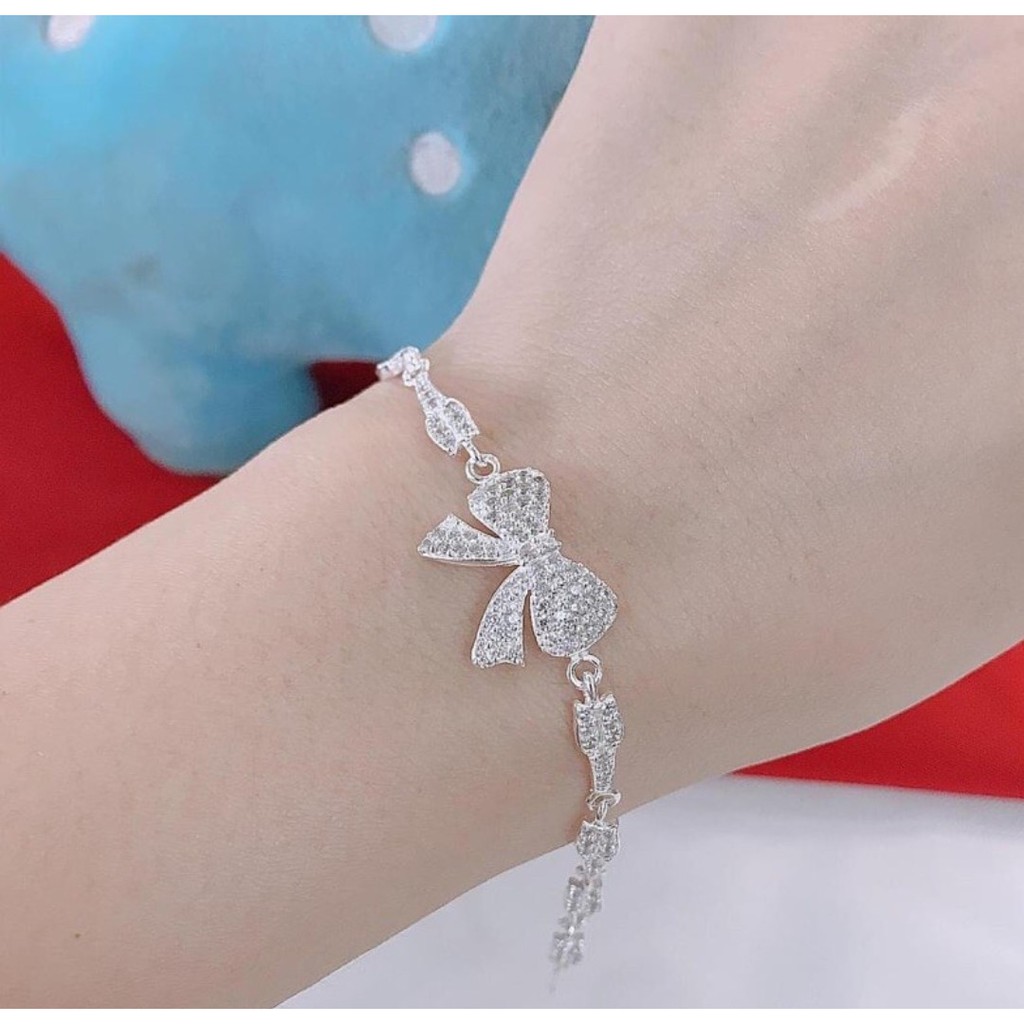 Lắc tay bạc nữ DaLiA Jewelry hình nơ bản to bền chắc, nạm đá tinh tế sang trọng bạc S99