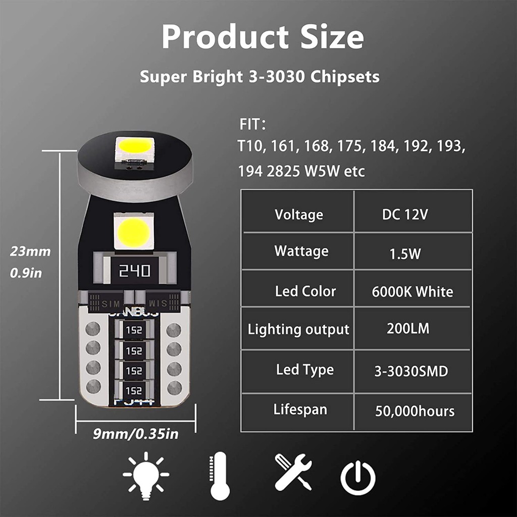 Đèn Led Chân T10 W5W 3SMD LED 194 168 3030 Lắp Đèn Biển Số Ô Tô, Đèn Nội Thất Canbus