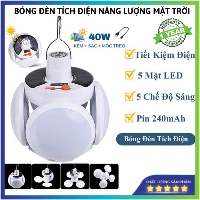 Bóng Đèn Tích Điện 40W , Năng Lượng Mặt Trời 4 Cánh ,Đèn Led Siêu Sáng ,Tiết Kiệm Điện Năng , Chống Nước -Bảo Hành 1 Năm