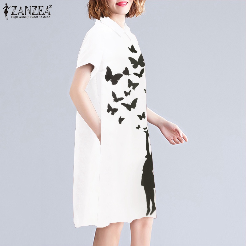 Đầm ZANZEA midi tay ngắn cổ búp bê in họa tiết bướm phong cách đường phố thời trang cho nữ