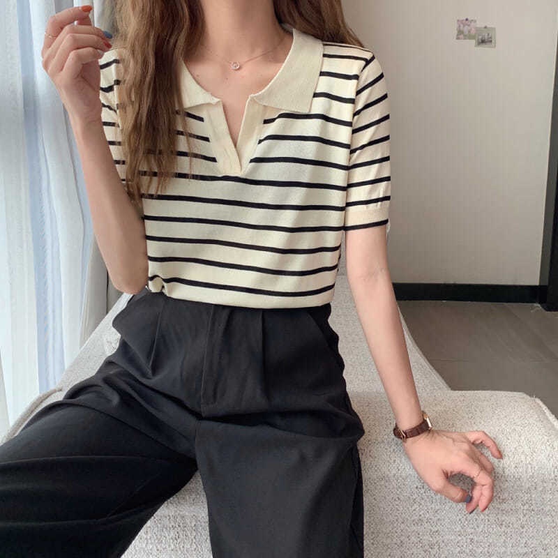 Áo Len Nữ Ngắn Tay Cổ Chữ v Kẻ Sọc Ngang Thời Trang Hàn Mới