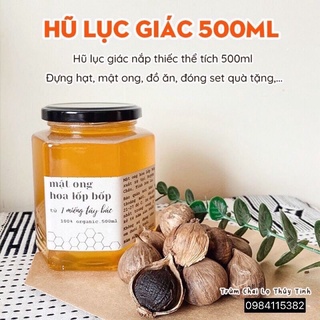 Hũ thủy tinh lục giác 500ml . nắp thiếc màu đen.