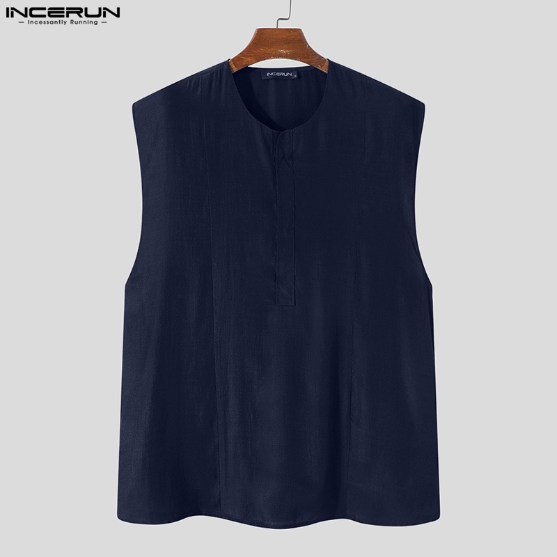 Áo sơ mi INCERUN thiết kế không tay màu trơn cài nút thoải mái cho nam