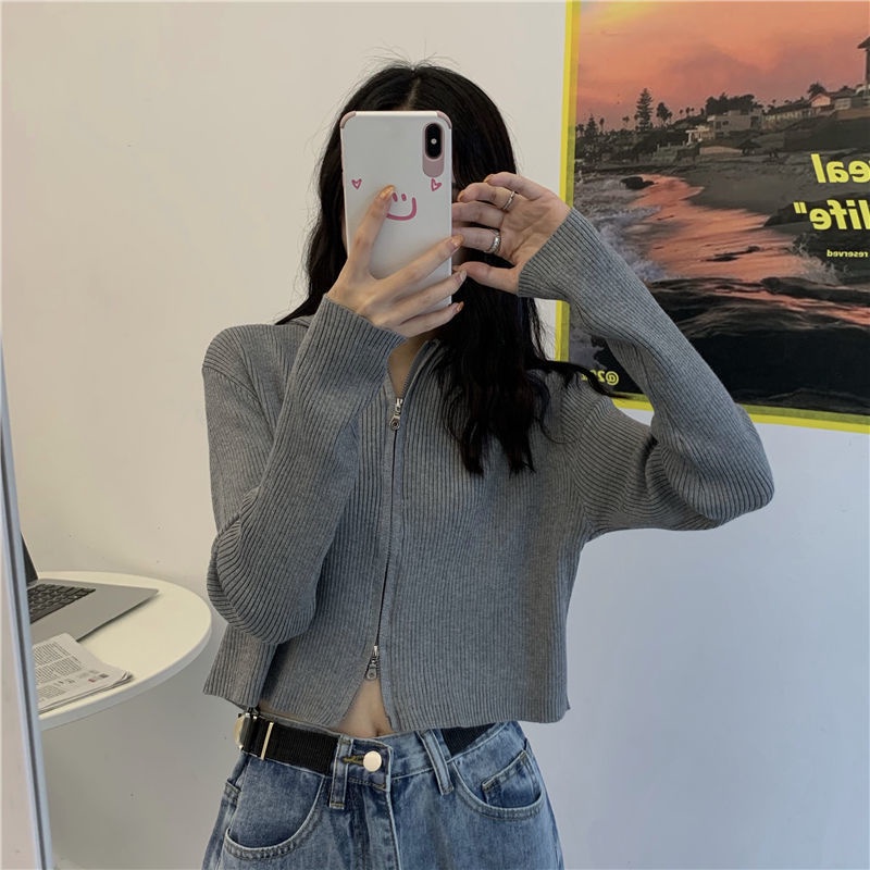 Áo croptop có nón vải mỏng phối dây kéo dáng rộng dệt kim tay dài cho nữ 2021