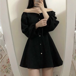 Đầm váy freesize đen nút tròn tay dài