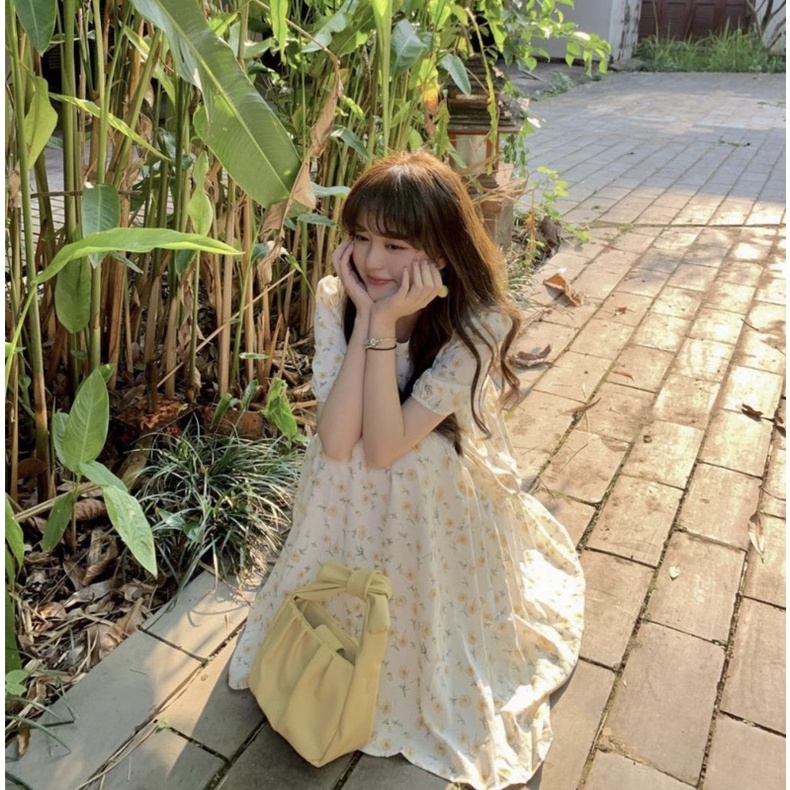 Đầm - váy babydoll hoa nhí tay bồng ( hoa vàng, hoa hồng)