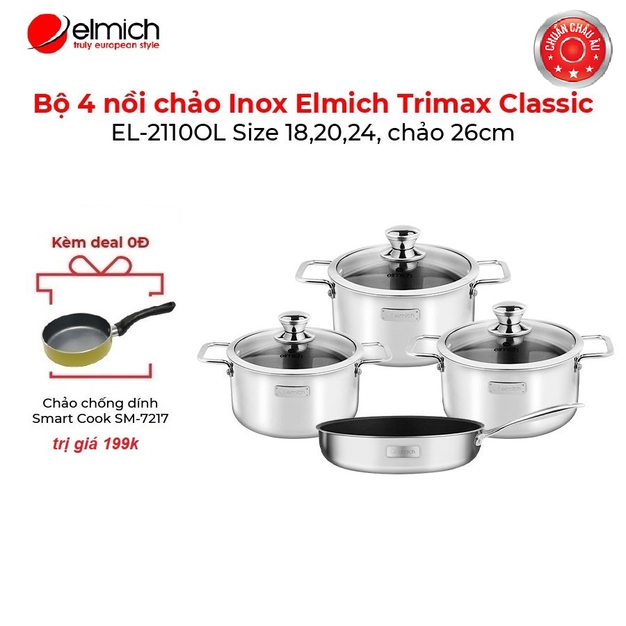 Bộ nồi chảo Inox 304 cao cấp 3 đáy liền nguyên khối Elmich Trimax Classic EL-2110OL Size 18,20,24, chảo 26cm