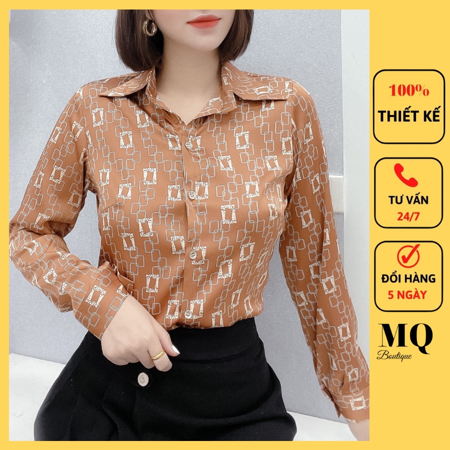 Áo sơ mi nữ lụa dài tay cao cấp công sở họa tiết xích chéo ô nhỏ nền cam nâu , áo sơ mi thiết kế MQ Boutique