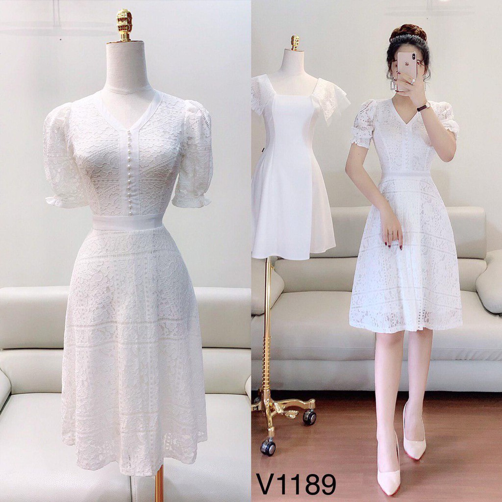 [ xả kho ] MiD Váy ren trắng xoè V1189 Mie Design kèm ảnh thật