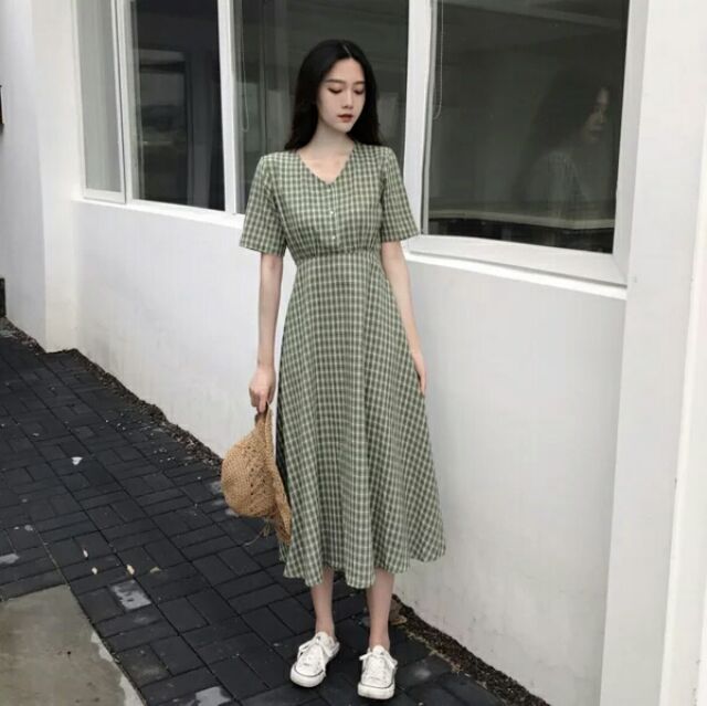 Váy kẻ caro MORAN kiểu Hàn dáng dài [ có sẵn ] | BigBuy360 - bigbuy360.vn