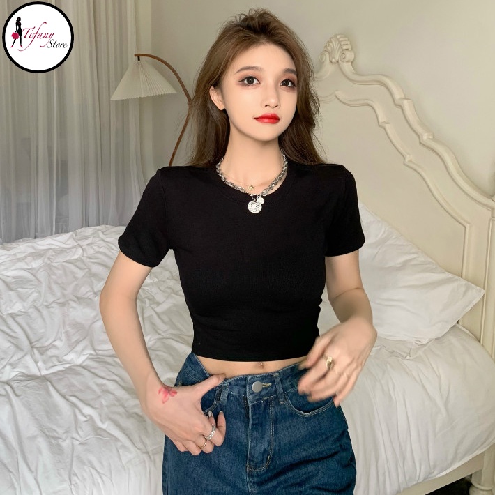 Áo Croptop Cổ Tròn Ngắn Tay Big Size Rộng Dưới 80Kg Chất Thun Màu Đen Freesize "TN"