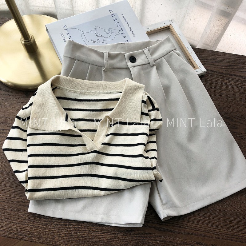 Áo Len Tay Ngắn Polo Cổ V Họa Tiết Kẻ Sọc Ngang Loại Đẹp | BigBuy360 - bigbuy360.vn