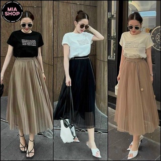 Chân váy midi lưới Mia, chân váy xếp ly dài midi 2 lớp phối dây xích vintage
