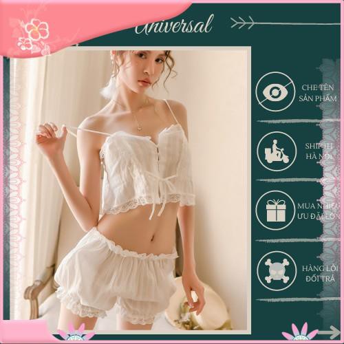 Bộ Đồ Ngủ Nữ 2 Dây Sexy Siêu HOT 2021 - Bộ Ngủ Hai Dây Set Ngủ Vải Đũi Mỏng Màu Trắng Gợi Cảm UNIVERSALXXX -