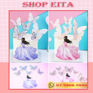 Topper set cắm công chúa bướm trang trí bánh kem, trang trí bánh sinh nhật