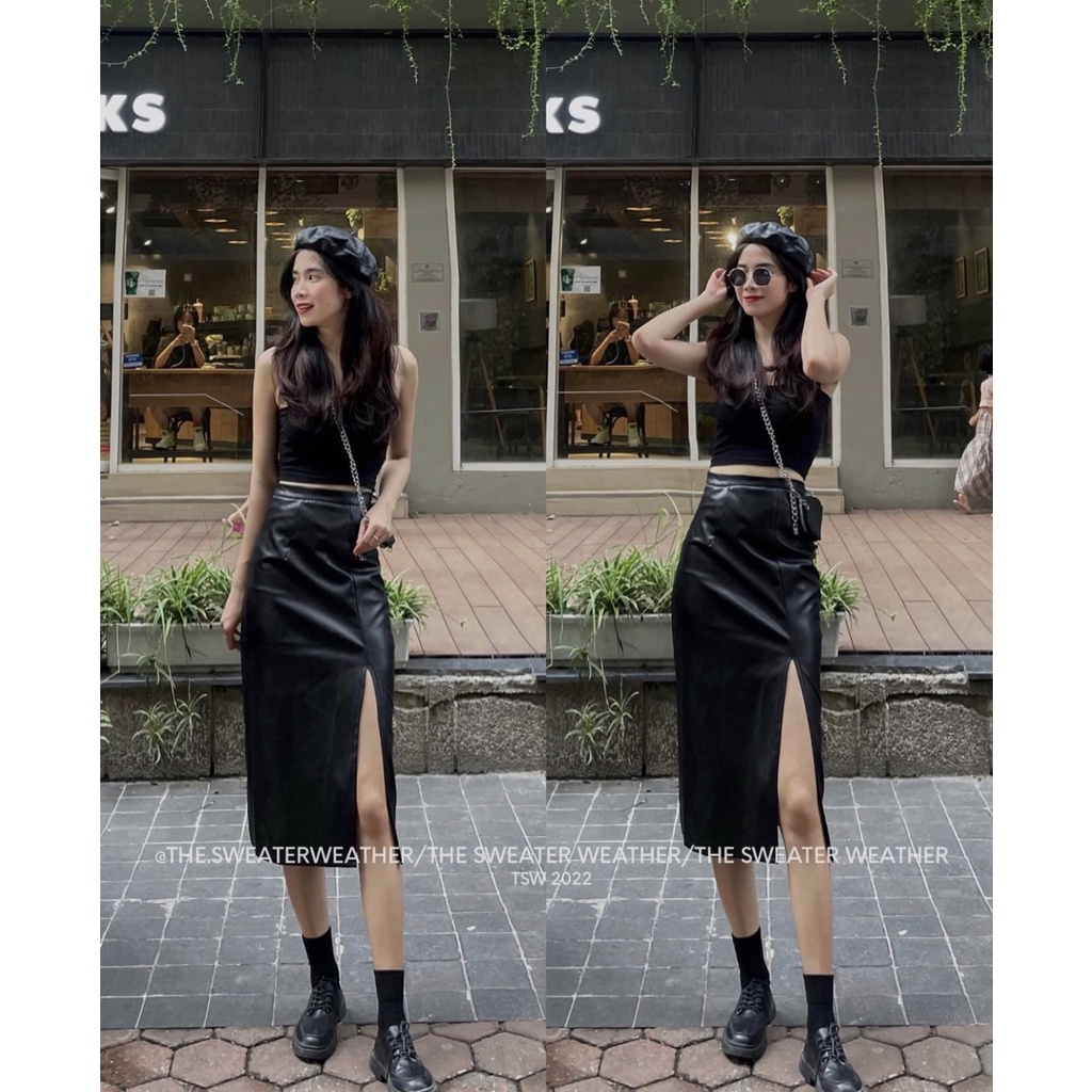Chân váy da xẻ tà