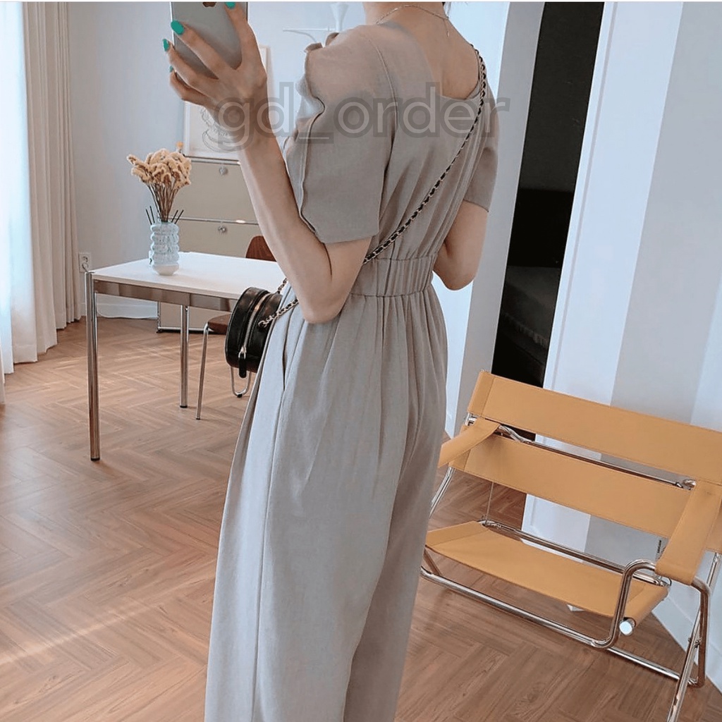J3|Jumpsuit cổ vuông tay phồng ống rộng phong cách hàn quốc thanh lịch gd_order