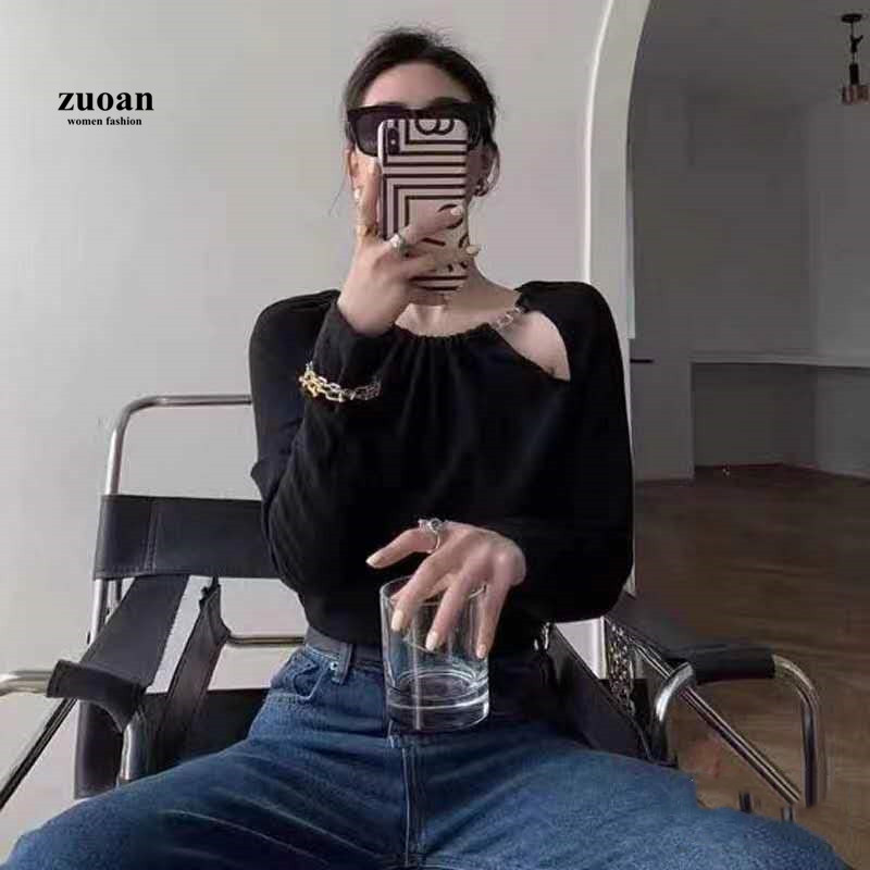 SUXI Áo Thun Dệt Kim Tay Dài Cổ Tròn Phong Cách Hàn Quốc