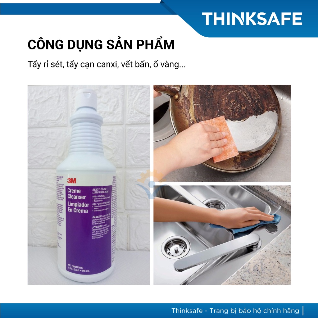 Dung dịch tẩy cặn Canxi, vết ố, rỉ sét 3M Creme Cleaner 946ml tẩy kính nhà tắm, bồn cầu - Thinksafe