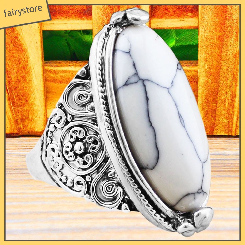 FS_Women Boho Vintage Oval Turquoise Antique Silver Plated Carving Ring Jewelry