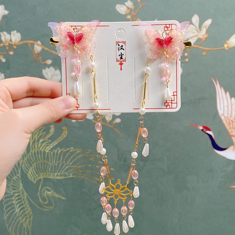 1 Cặp Kẹp Tóc Dây Ruy Băng Đính Hoa Và Bướm Đỏ Cổ Điển Dành Cho Trẻ Em