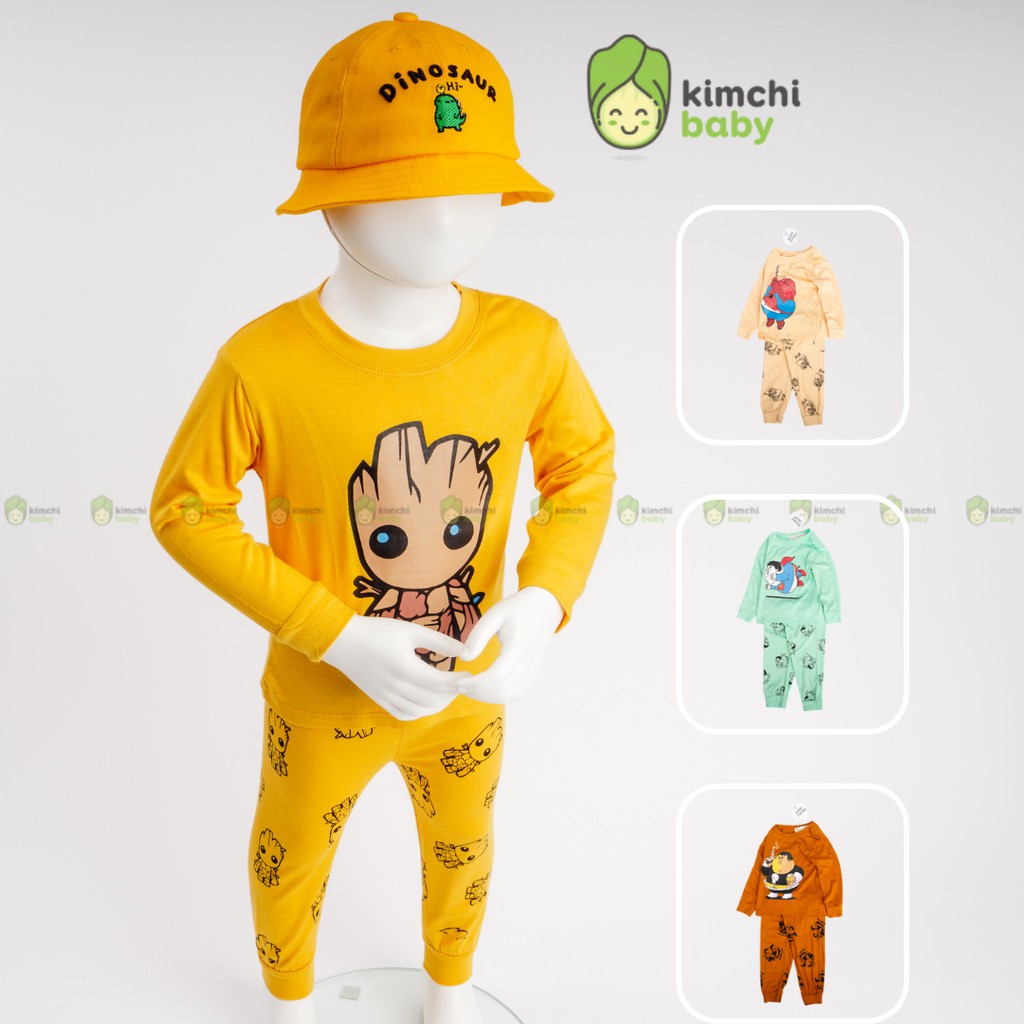 Bộ Dài Tay Cho Bé Trai, Bé Gái Minky Mom Vải Thun Lạnh Họa Tiết Siêu Nhân Mập Ú, Bộ Dài Tay Thu Đông Cho Bé MKMTD2128