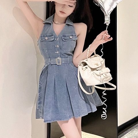 Đầm Denim Mùa Hè 2023 Dáng Ngắn Xếp Ly Lưng Cao Cổ Yếm Phong Cách Pháp Hợp Thời Trang Cho Nữ