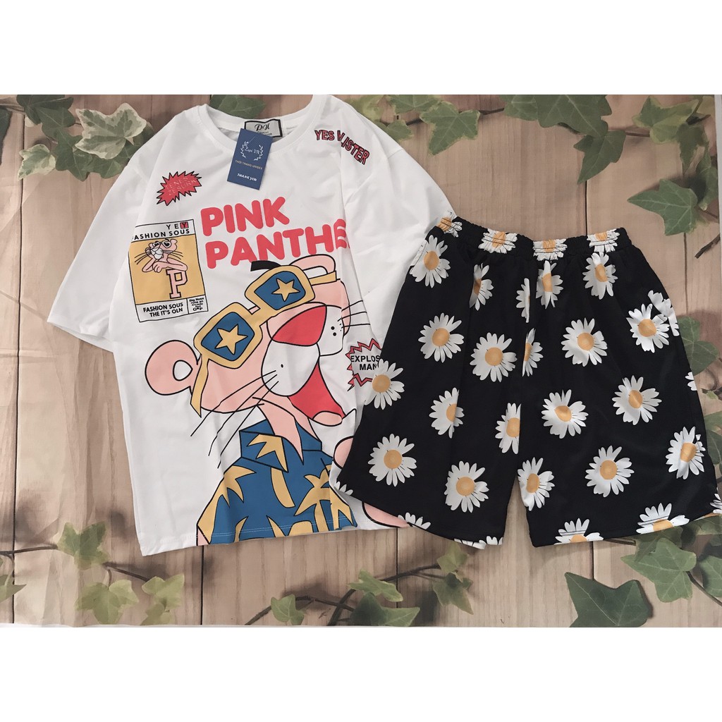 Set Đồ Bộ In Hình Chú Báo Hồng- the pink panther cartoon 3D Cute DB45-Lapi VN Áo+ Quần Đùi Vải Thun Cotton Thoáng Mát