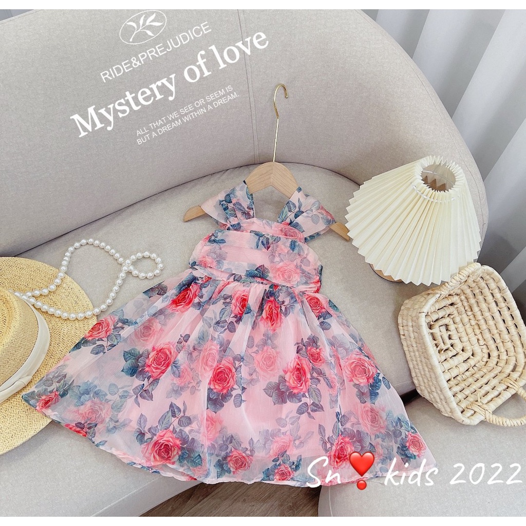 Đầm hoa nhí công chúa bé gái, váy tơ nhún xếp tầng ngực tiểu thư 2 lớp cho bé