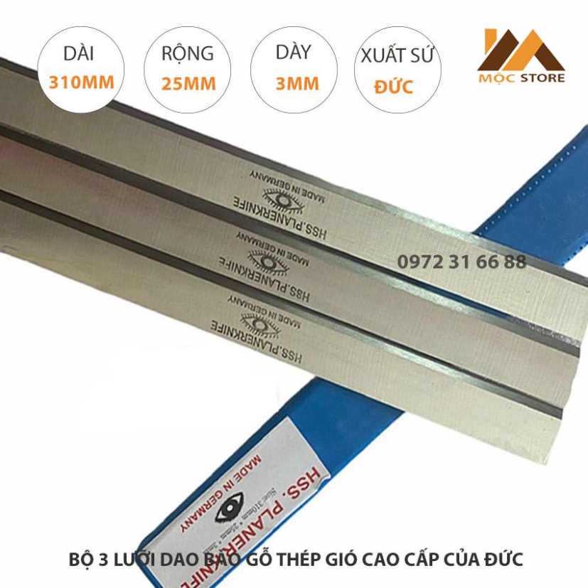 BỘ 3 LƯỠI DAO BÀO GỖ THÉP HSS CAO CẤP 310x25x3MM CỦA ĐỨC - LƯỠI DAO BÀO CON MẮT