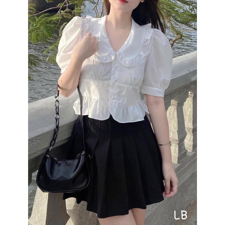 Áo kiểu nữ tiểu thư A.293, Áo sơ mi croptop cổ V bèo nhún tay bồng dáng ngắn eo bo tà bèo sang chảnh