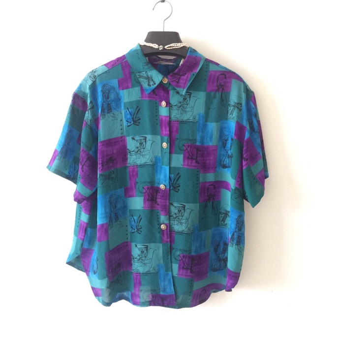 Áo sơ mi nữ voan Nhật hoạ tiết vintage ngắn tay, màu sắc độc đáo, chất vải mềm mại kín đáo, tôn da, sz ML mang đẹp