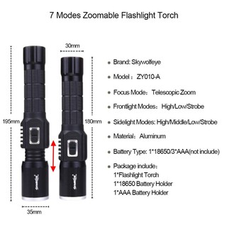 Skywolfeye 7 Modes 6000 LM Zoomable  T6 LED Flashlight Torch Lamp Light