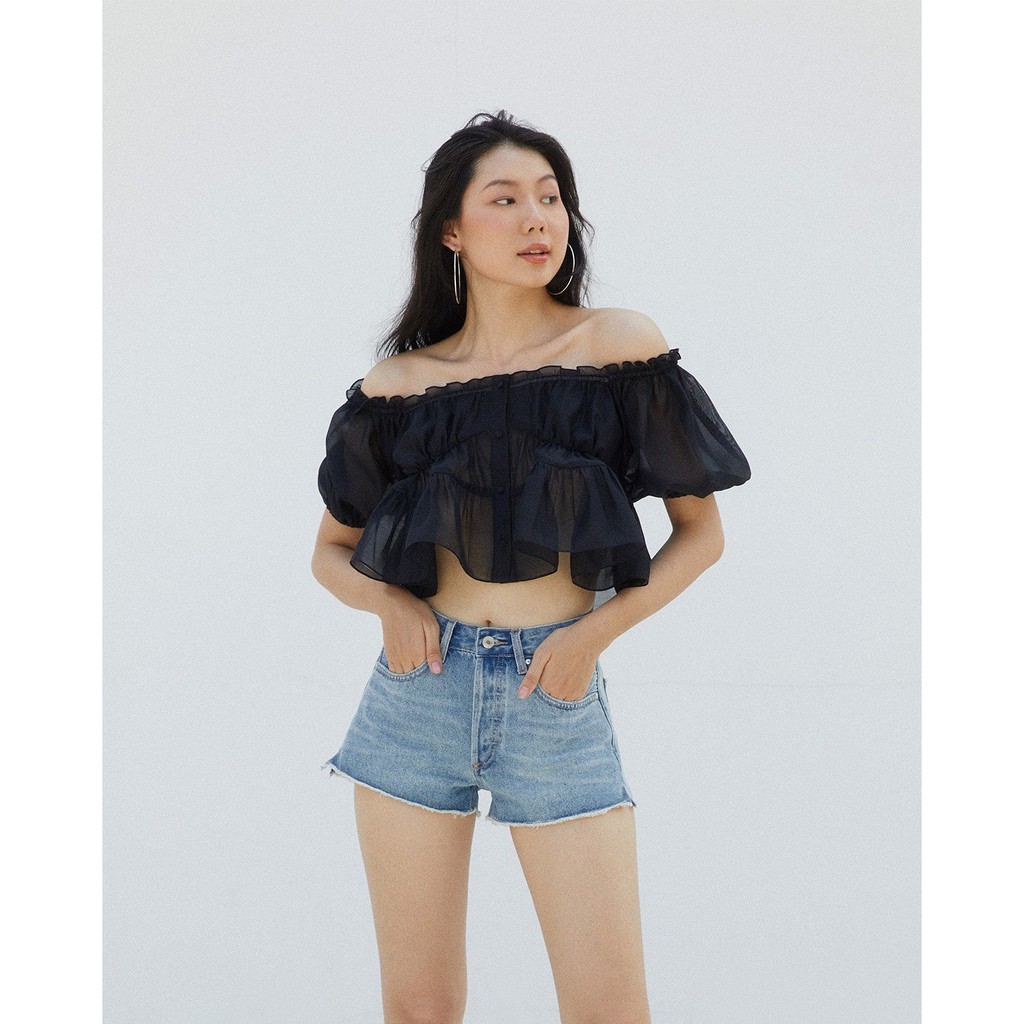 TheBlueTshirt - Áo Kiểu Tay Phồng Màu Đen - Mary Jane Top - Black