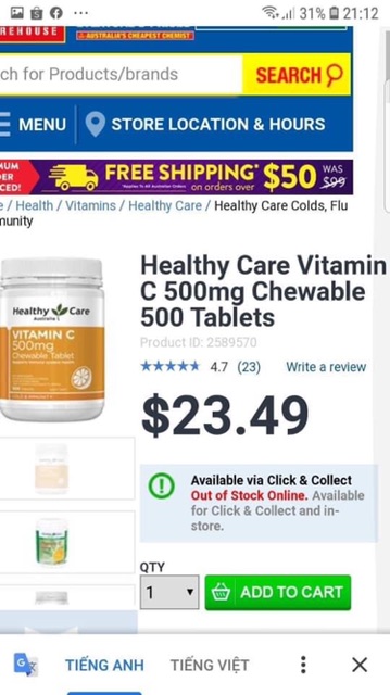 Viên bổ sung C Healthy Care Vitamin C 500mg Úc