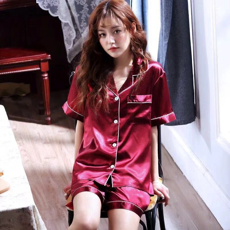 Women Sexy Silk Satin Pajamas Set Long Sleeve Sleepwear Pyjamas Suit/Baju Tidur