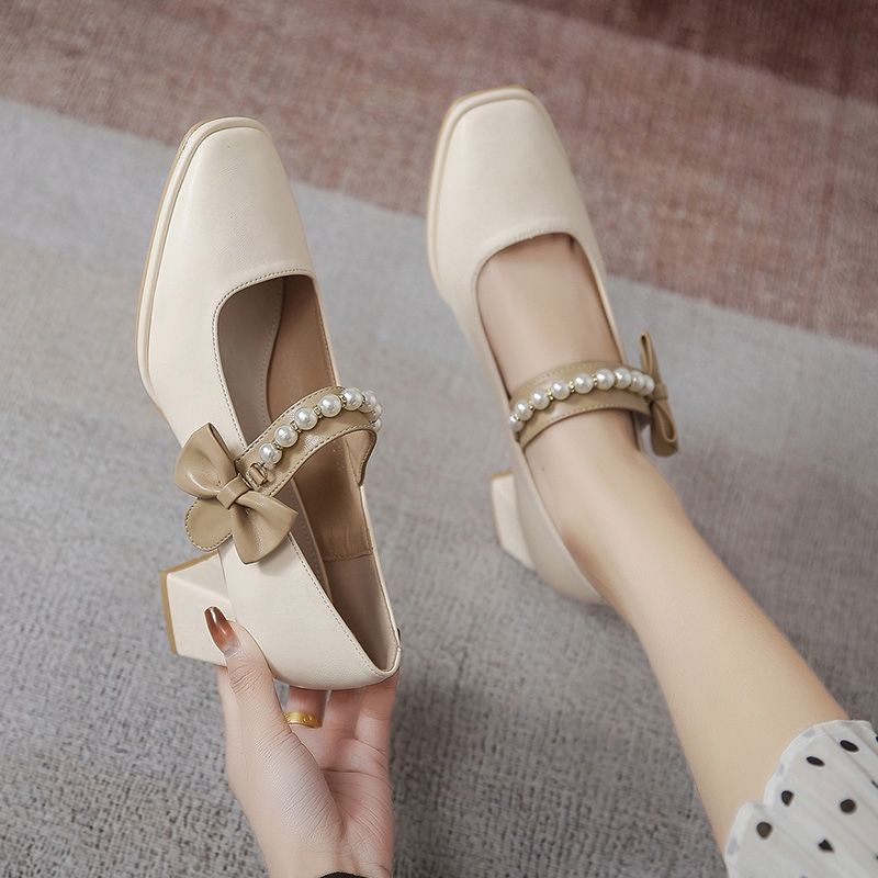 Giày Búp bê cao gót Nữ Đế 5 phân Quai Nơ đính Hạt ngọc Kiểu dáng Vintage