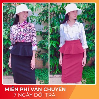 Chân váy bút chì, váy công sở peplum chất vải thun dày co giãn màu đen