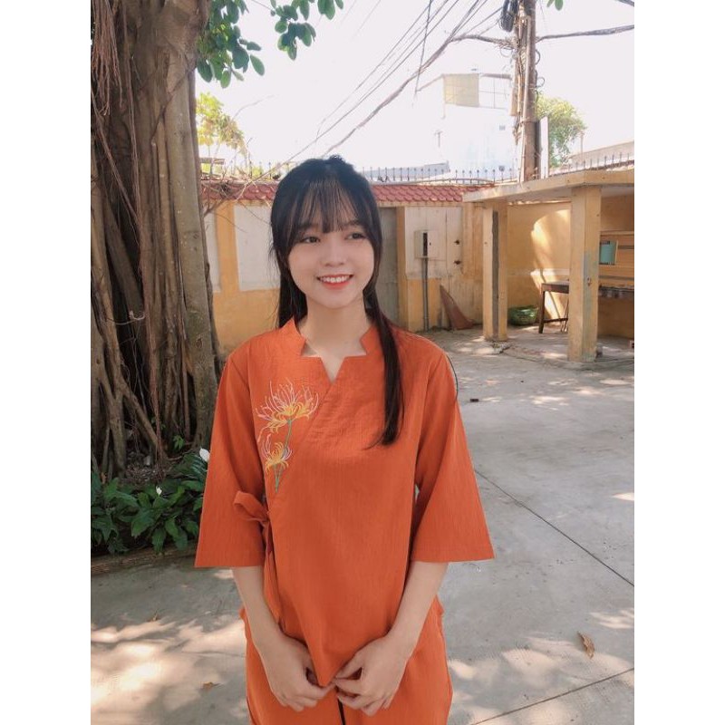 đồ lam đi chùa mẫu ngôi sao chất tơ mát min